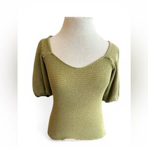 Nation LTD Olive Green Smocked Puff Sleeve Top Y2K Romantic